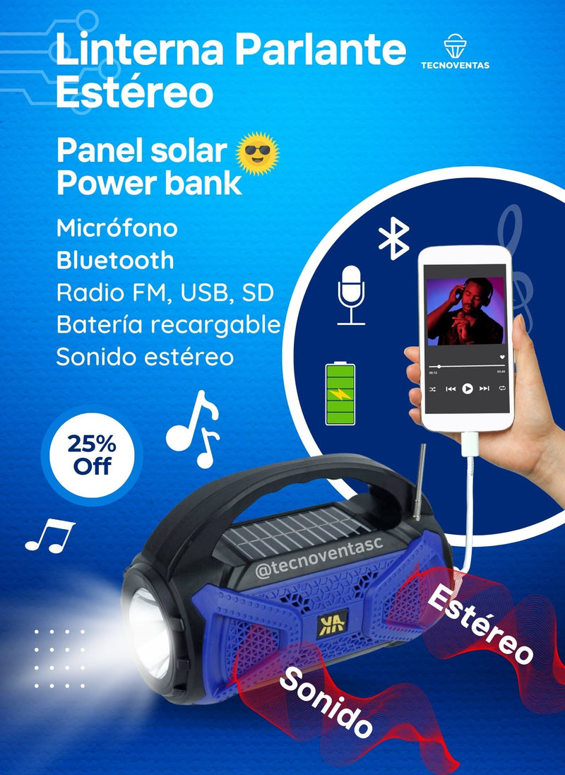 Parlante Linterna Estéreo con Panel Solar/Power bank/Bluetooth/Radio FM/Micrófono/USB/SD - Tecnoventas