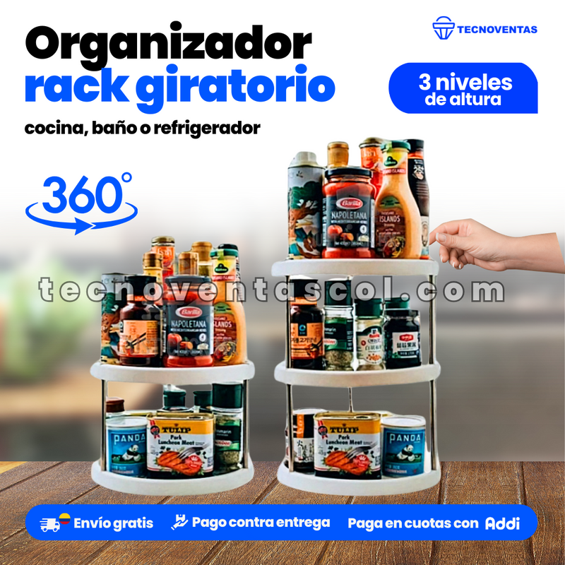 Organizador rack  de condimentos y especias -giratorio 360° 3 niveles de altura multifuncional