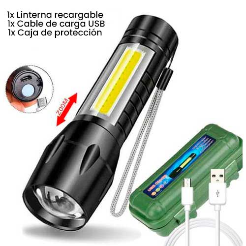 Linterna Electrica LED Recargable Por USB Portátil, Zoom de 3 modos - Tecnoventas