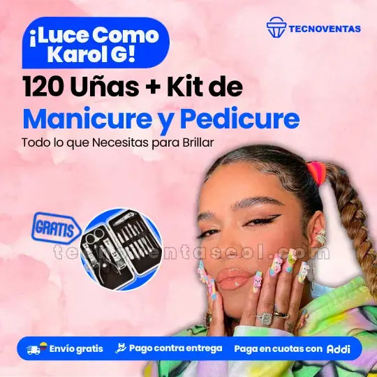 🎁 HOY LLEVA OBSEQUIO por la compra del Combo Karol G de 120 Uñas Postizas, lleva GRATIS Set de cuidado personal acero inoxidable 12 piezas, manicure, pedicure estuche de lujo