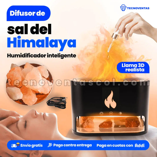 Difusor de aromas con piedras de sal del Himalaya, Humidificador inteligente, purificador, Aromaterapia, 6 colores diferentes, llama 3D realista