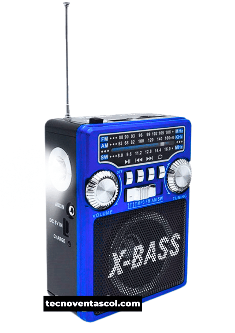 Parlante 8 bandas, Reflector, Bluetooth, Carga celulares, USB, SD, AUX, Radio AM, FM, SW