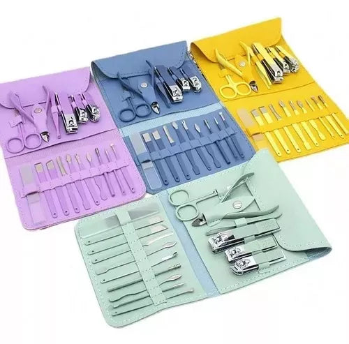 CARTERA KIT CUIDADO PERSONAL 16 PIEZAS ACERO INOXIDABLE. MANICURE Y PEDICURE