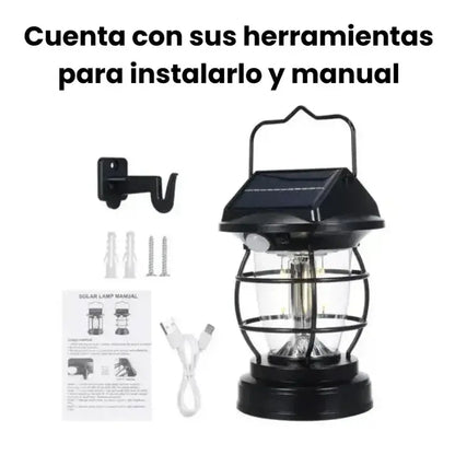 Lámpara Vintage 2 en 1 Con Panel Solar/ Carga Solar/ Soporte para Pared/ 4 modos de iluminación/ Sensor de Movimiento/ Resistente al agua/ Jardin