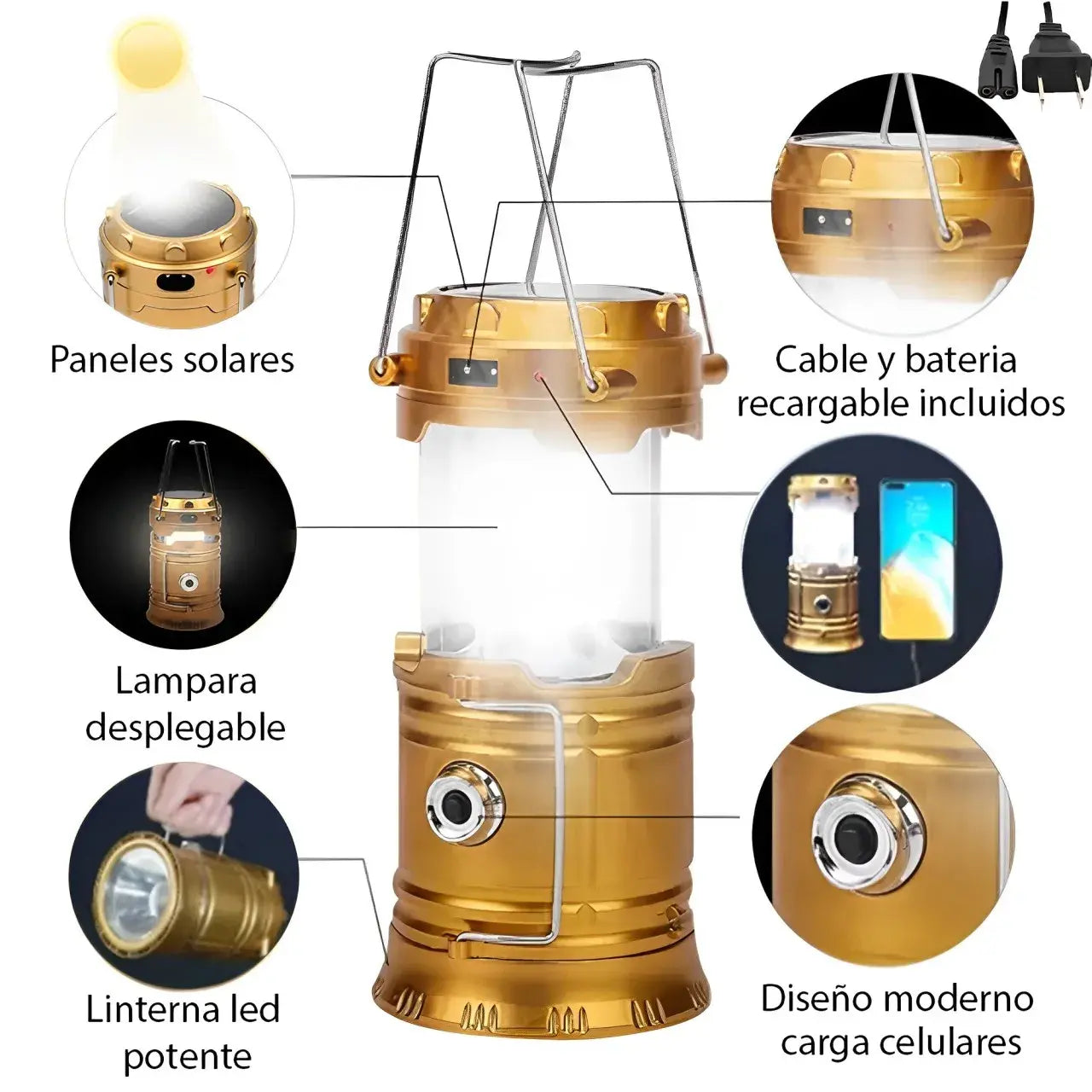 Linterna LED potente - PowerBank - Panel solar - Recargable - Lampara desplegable