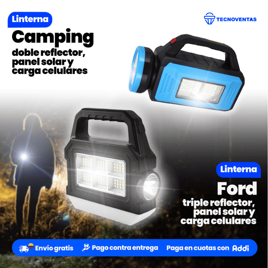 Combo Solar  Carga celulares Linterna Camping de Emergencia + Linterna Ford - reflectores con panel solar - carga celulares-, 10 horas de carga, EXTRA Potencia multifuncional