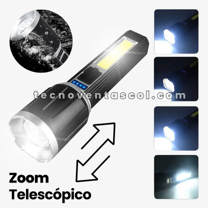 Linterna Centinela con Zoom - recargable con panel solar - carga celulares-, 8 horas de carga, EXTRA Potencia multifuncional