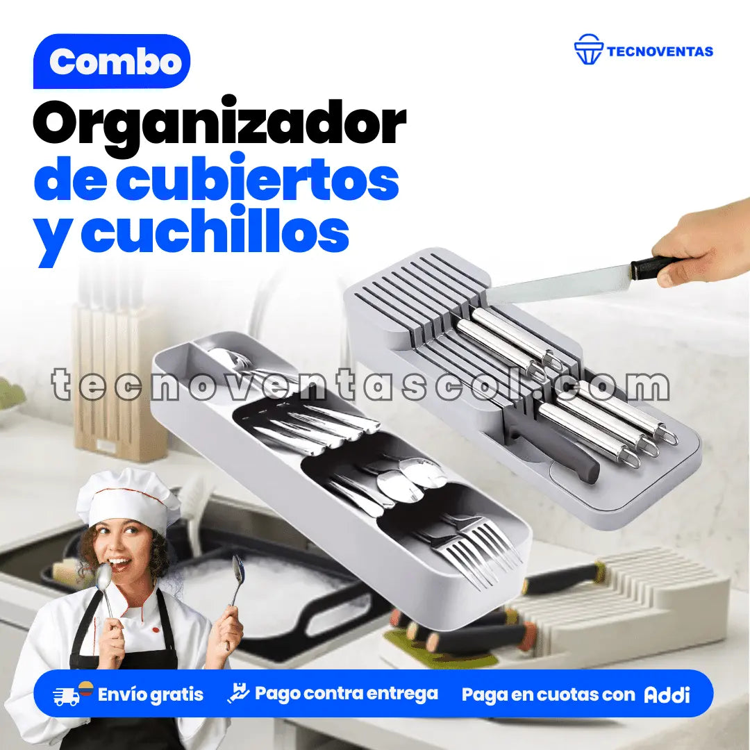 Kit Organizador de cubiertos + organizador de cuchillos, múltiples compartimentos, base antideslizante