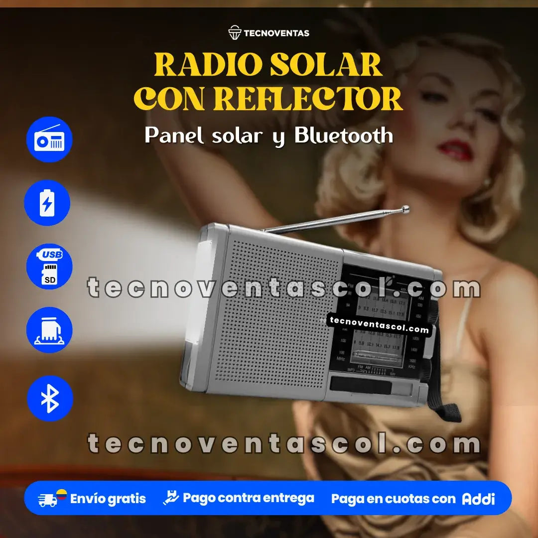 Radio solar Carga celular, con con reflector, AM, FM, SW, USB, SD, Bluetooth recargable (Radio Portugal)