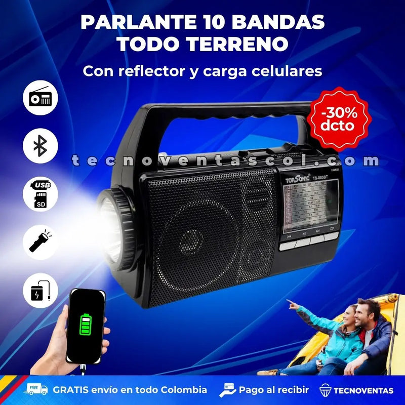 Parlante TODO TERRENO  Recargable 10 bandas  AM, FM, SW, USB, SD, Power bank, Potente Reflector, Bluetooth