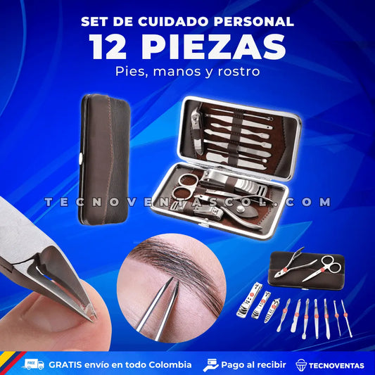 Set de cuidado personal acero inoxidable 12 piezas, manicure, pedicure, cejas, exfoliante, limpieza facial, oidos