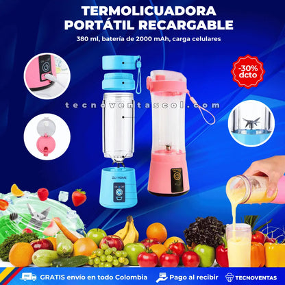 Termolicuadora portátil batidos, jugos, malteadas, 2000 mAh, motor  22000 RPM, carga USB