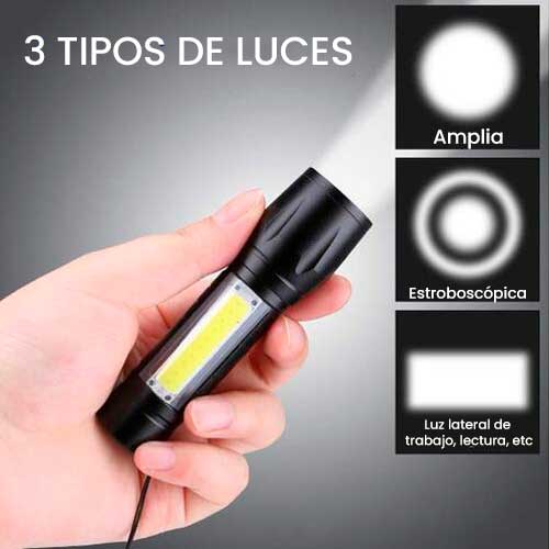 Linterna Electrica LED Recargable Por USB Portátil, Zoom de 3 modos - Tecnoventas