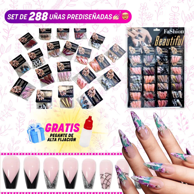 288 Uñas tipo Acrílicas Decoradas,  Press On FaShion (Diseños variados) + pegante profesional