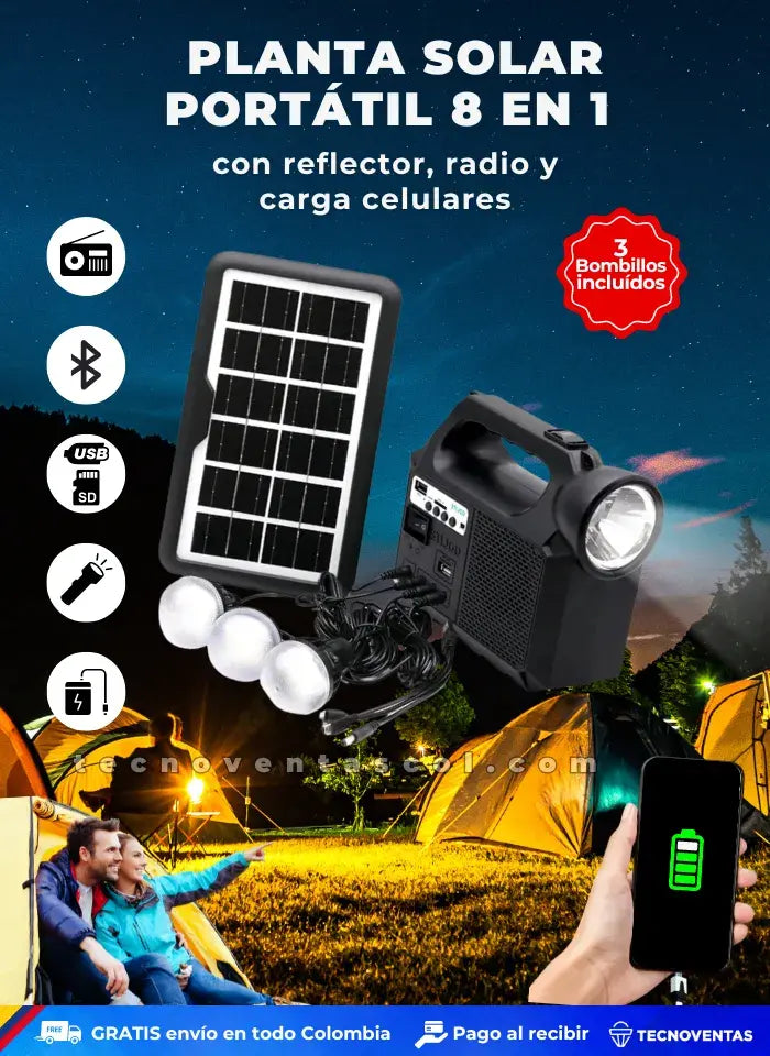 *Planta solar Elite 8 en 1 doble reflector, carga celulares, panel solar, bluetooth,  3 bombillos