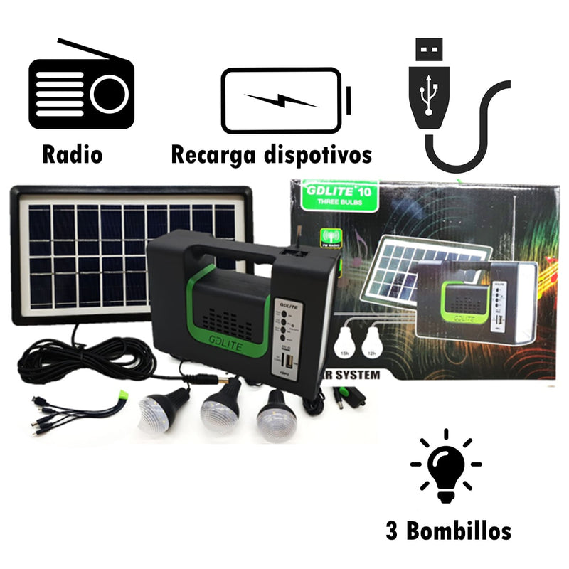 Combo solar 10 en 1 Super Power,  reflector LED, carga celulares, panel solar, bluetooth, USB, SD, Radio FM,  bombillo