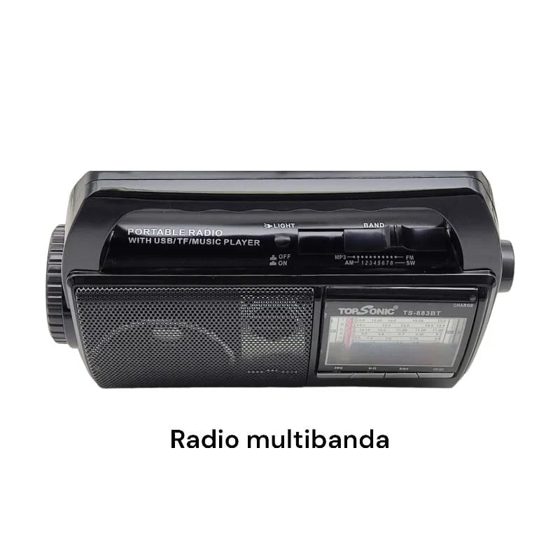 Parlante TODO TERRENO  Recargable 10 bandas  AM, FM, SW, USB, SD, Power bank, Potente Reflector, Bluetooth