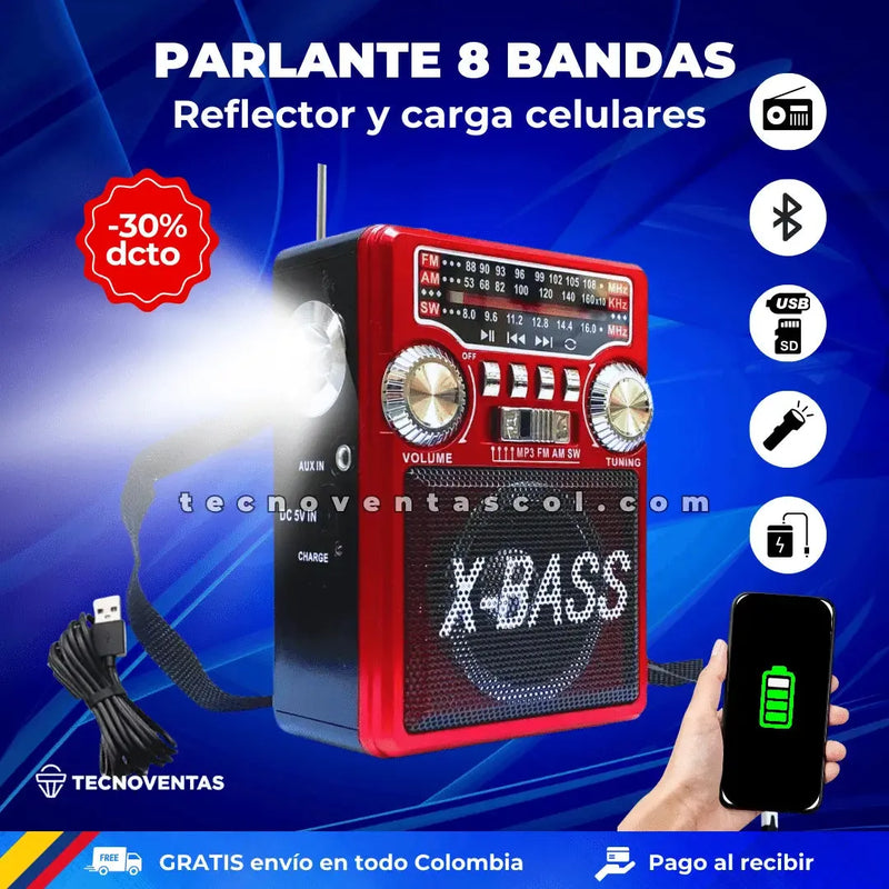 Parlante 8 bandas, Reflector, Bluetooth, Carga celulares, USB, SD, AUX, Radio AM, FM, SW - Tecnoventas